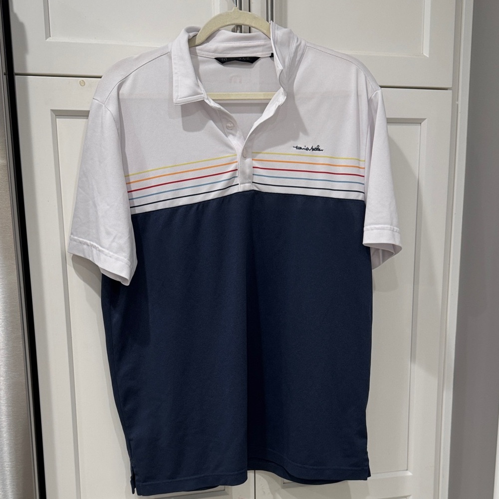 Travis Mathew White and Navy Polo with Stripes